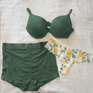 PINK 34C Rhinestone Strap Push Up Green Bra with Matching Boyshort&No Show Thong